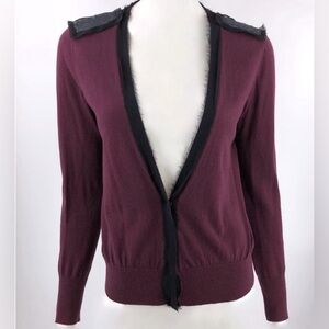 LOFT Burgundy with Black Trim & Silver Sequin Epaulettes Cardigan Sweater XL(16)